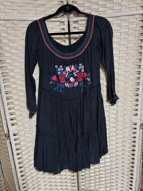 Free People Black Boho Embroidered Floral Smocked Dress